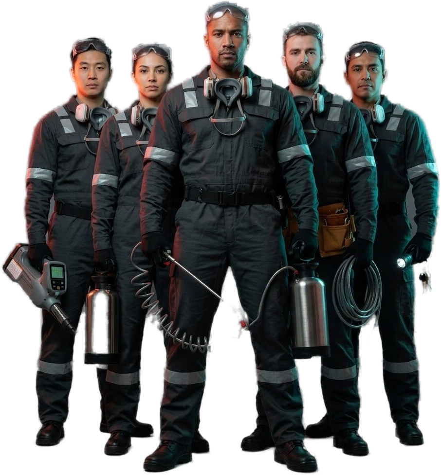 A team of five pest control technicians in protective gear, ready to respond